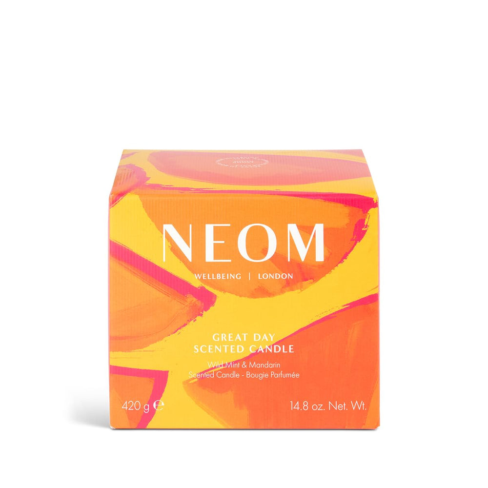 Limited edition summer scent packaging for NEOM Great Day candle.