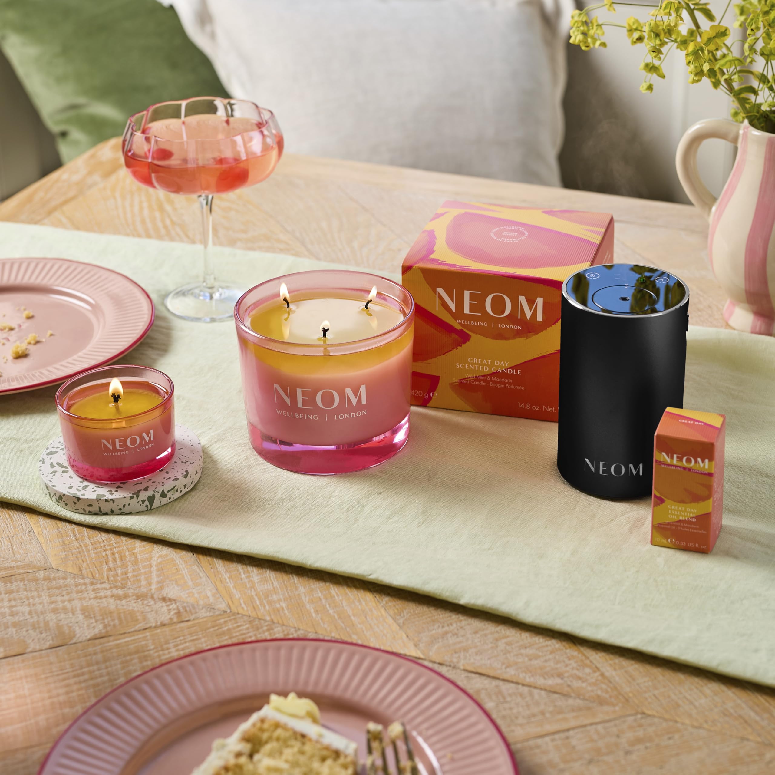 Close view of natural wax texture on NEOM Great Day candle.