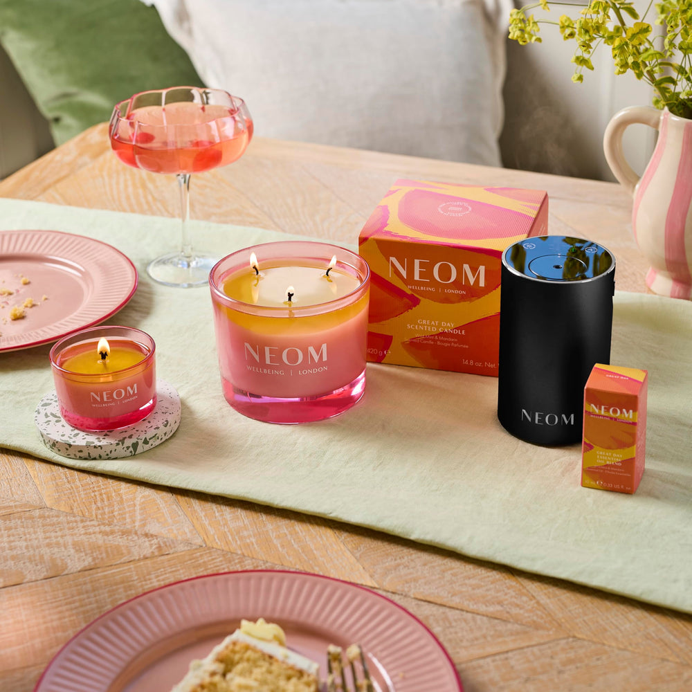 Close view of natural wax texture on NEOM Great Day candle.