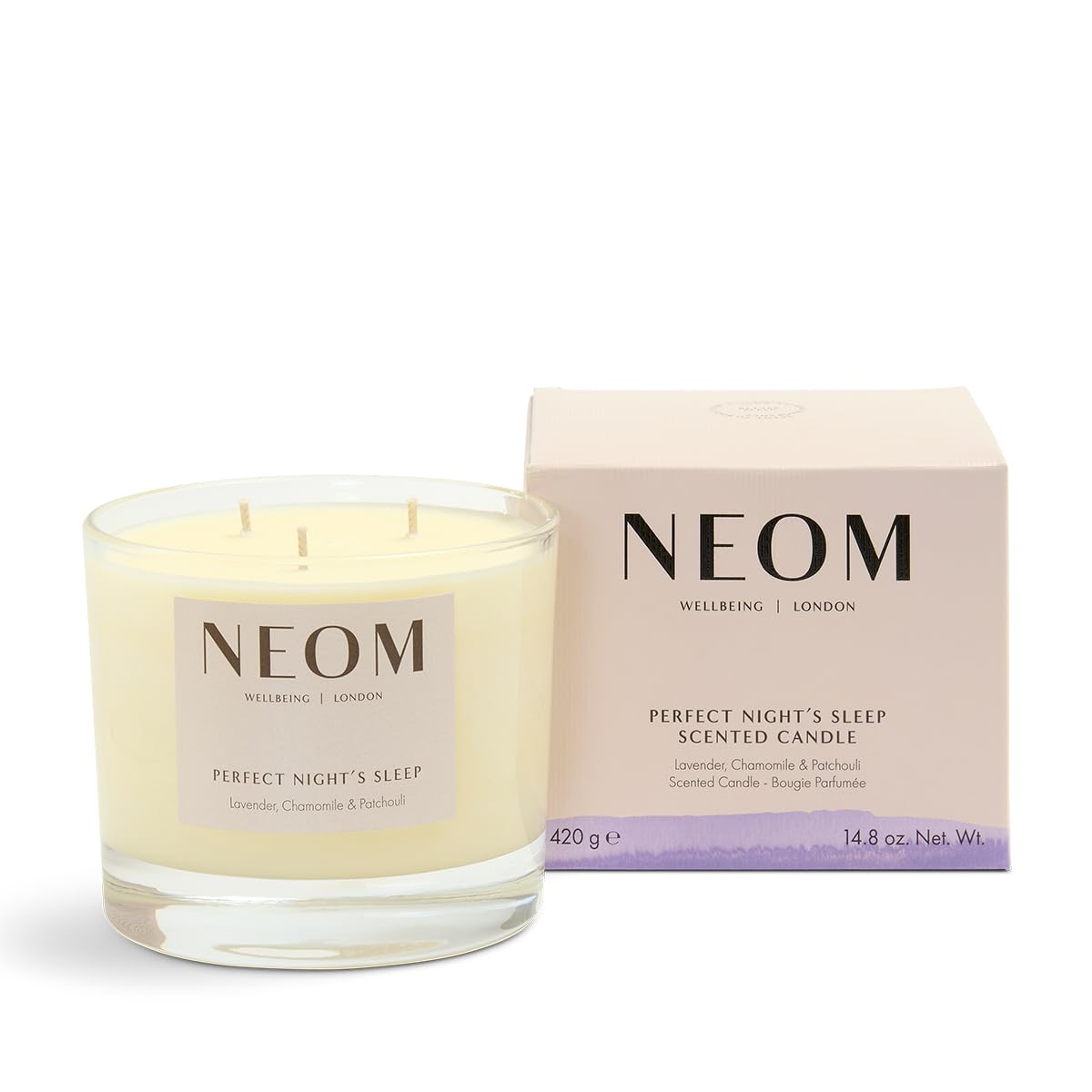 NEOM Lavender Chamomile Patchouli 3-wick candle with rich fragrance diffusion