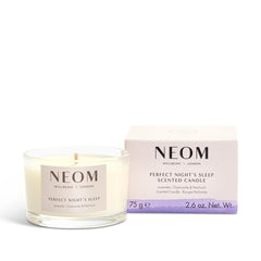 Neom Perfect Night's Sleep candle with lavender and jasmine for pre-bedtime relaxation.