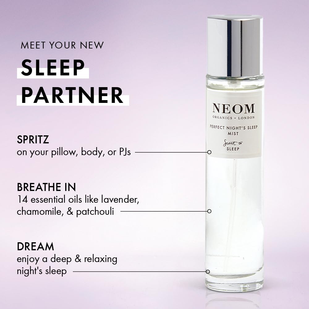 Neom Perfect Night's Sleep Mist on pillow creates a soothing bedtime ritual.