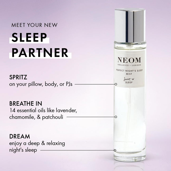Neom Perfect Night's Sleep Mist on pillow creates a soothing bedtime ritual.
