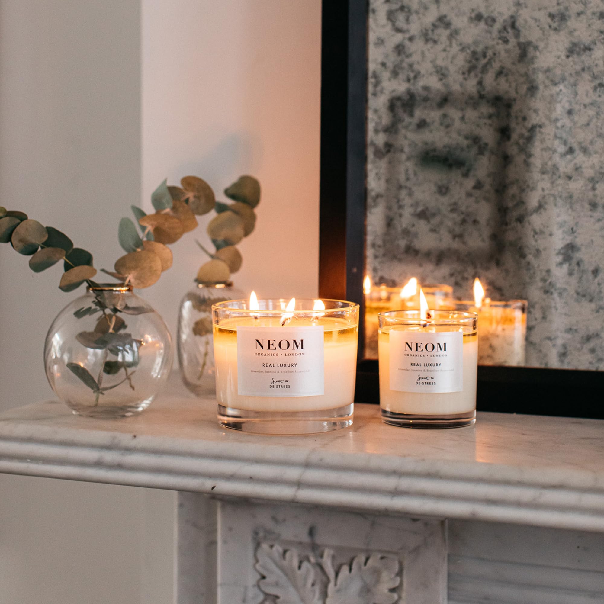 Wick-trim ready NEOM candle ensures clean burn and even scent release