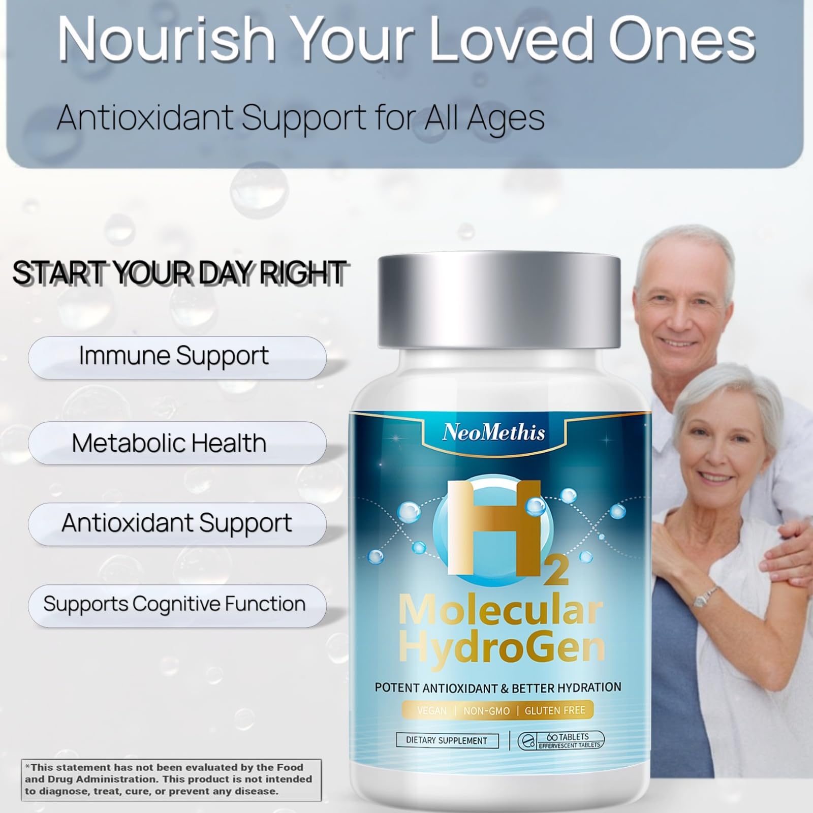 NeoMethis Hydrogen Water Tablets ingredients matrix highlighting hydrogen and magnesium.