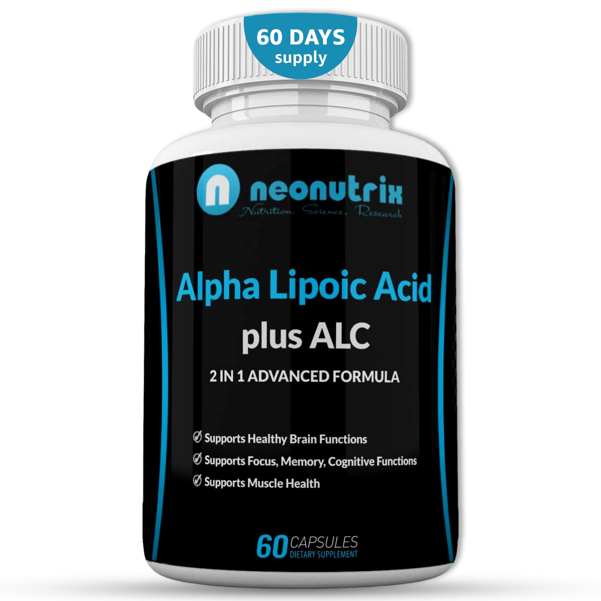 Neonutrix Alpha Lipoic Acid Acetyl-L-Carnitine bottle front supports daytime focus.
