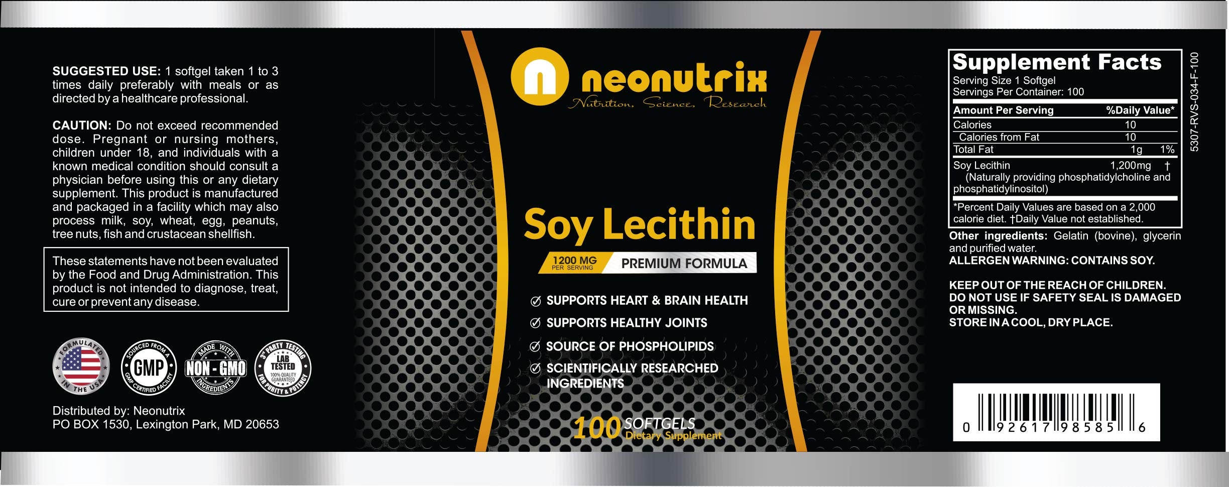 Neonutrix nutrition facts panel, outlines non GMO and one-a-day dosage.