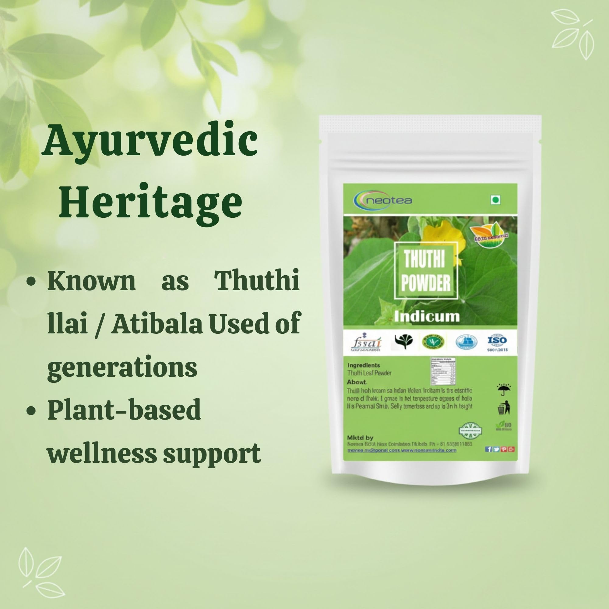 Neotea Abutilon Indicum Powder packaging-back conveys organic farming origin