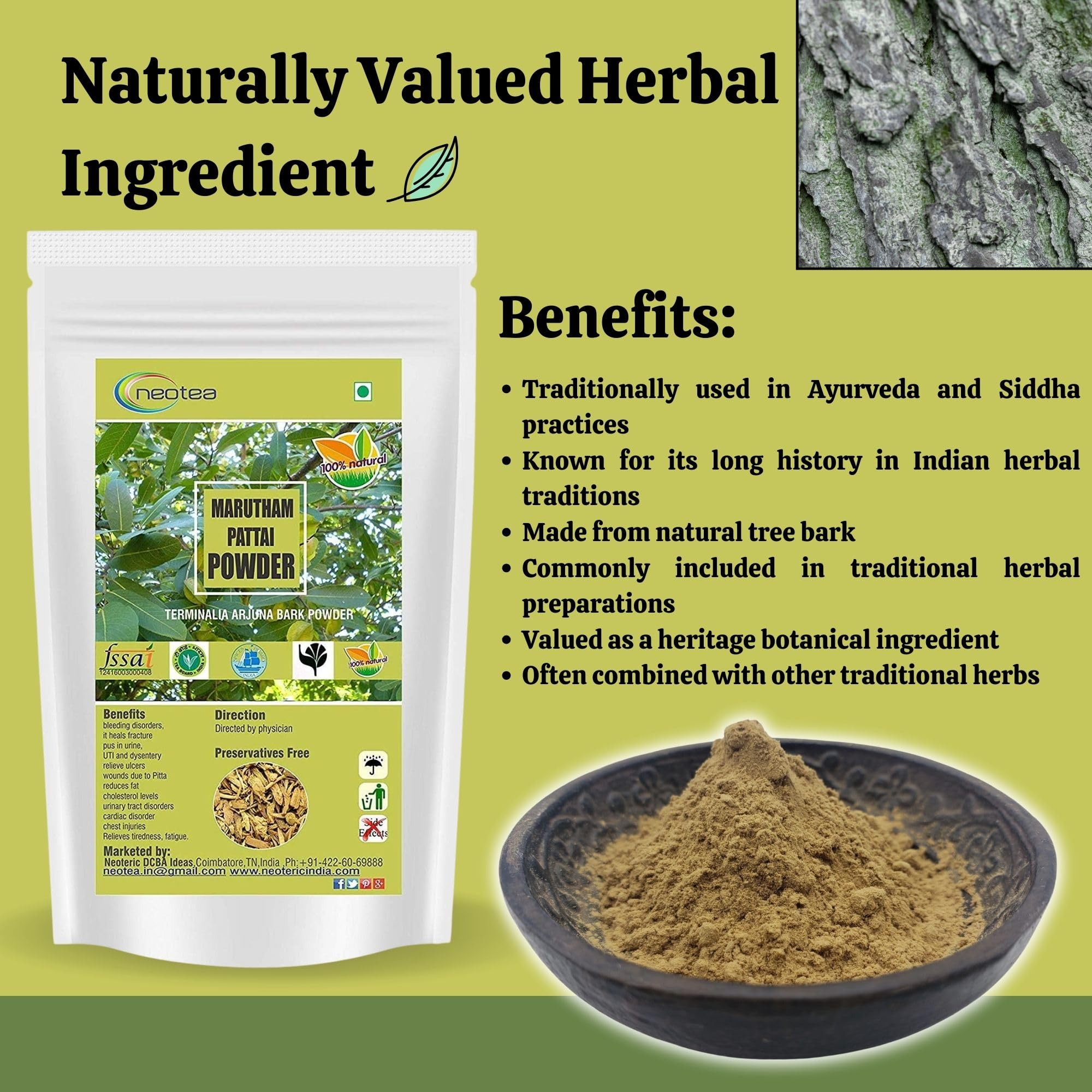 Neotea Arjuna bark powder close-up shows fine texture for mixing.