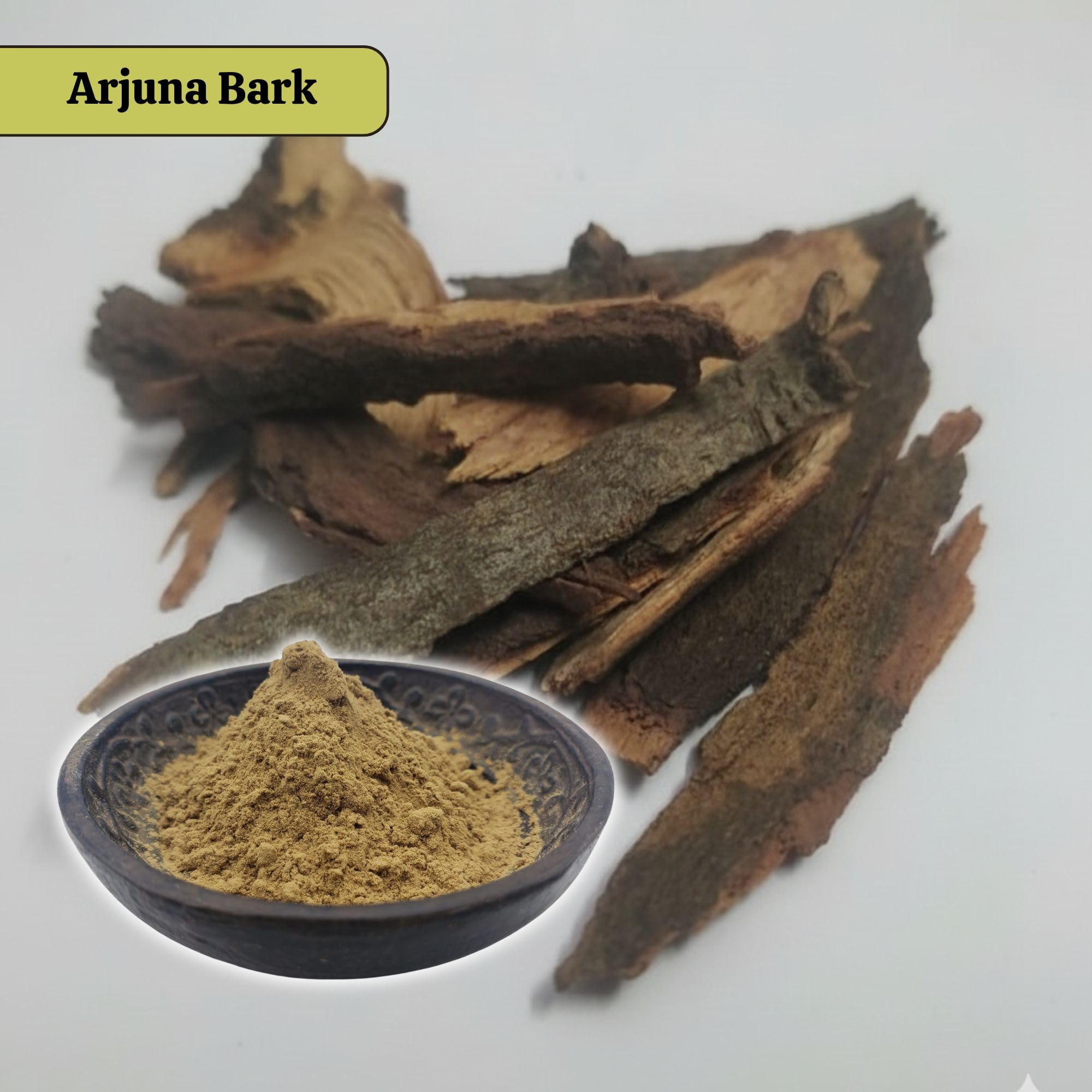 Neotea Arjuna bark powder in glass bowl ready for recipes.