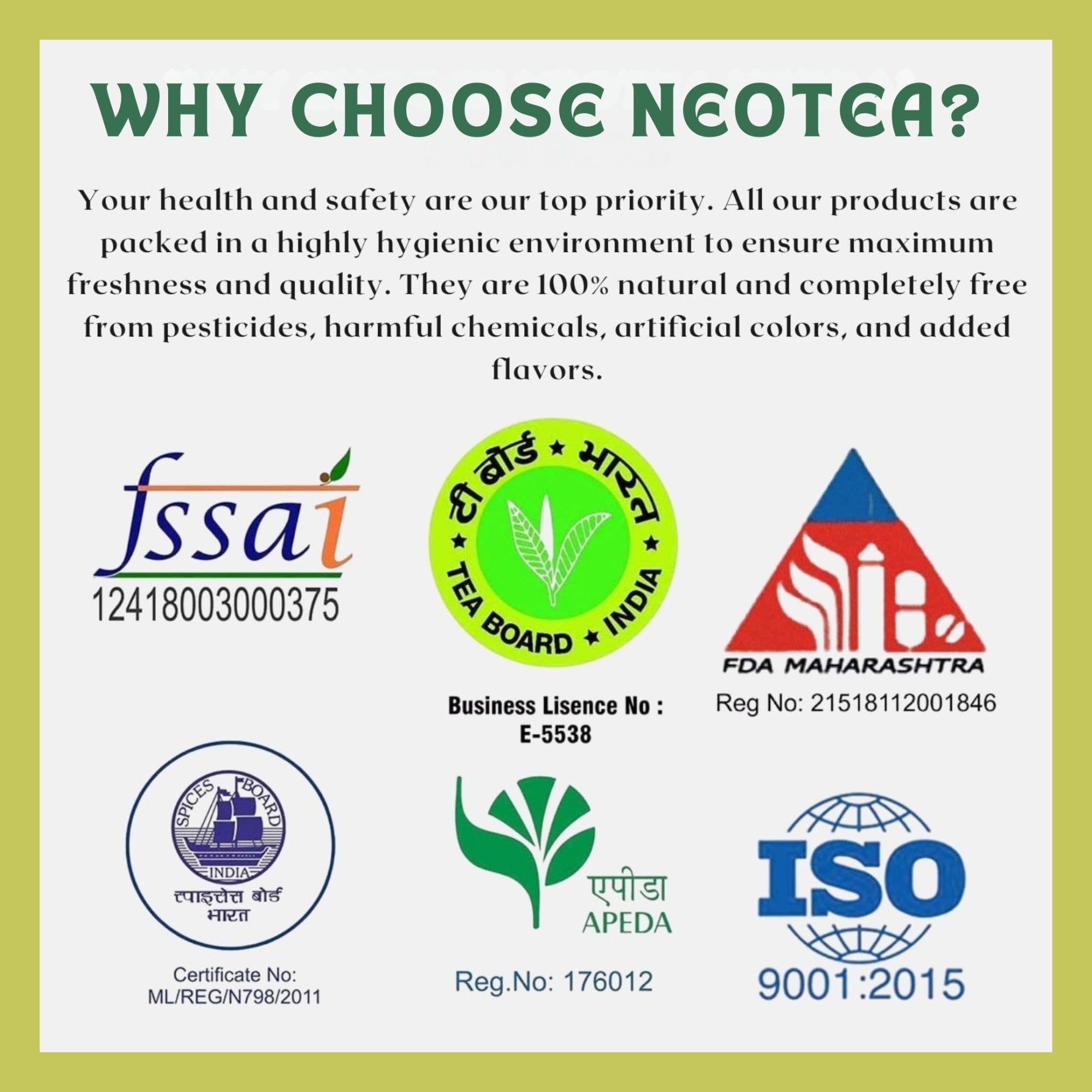 Neotea Arjuna bark powder label emphasizes organic non-GMO attributes.