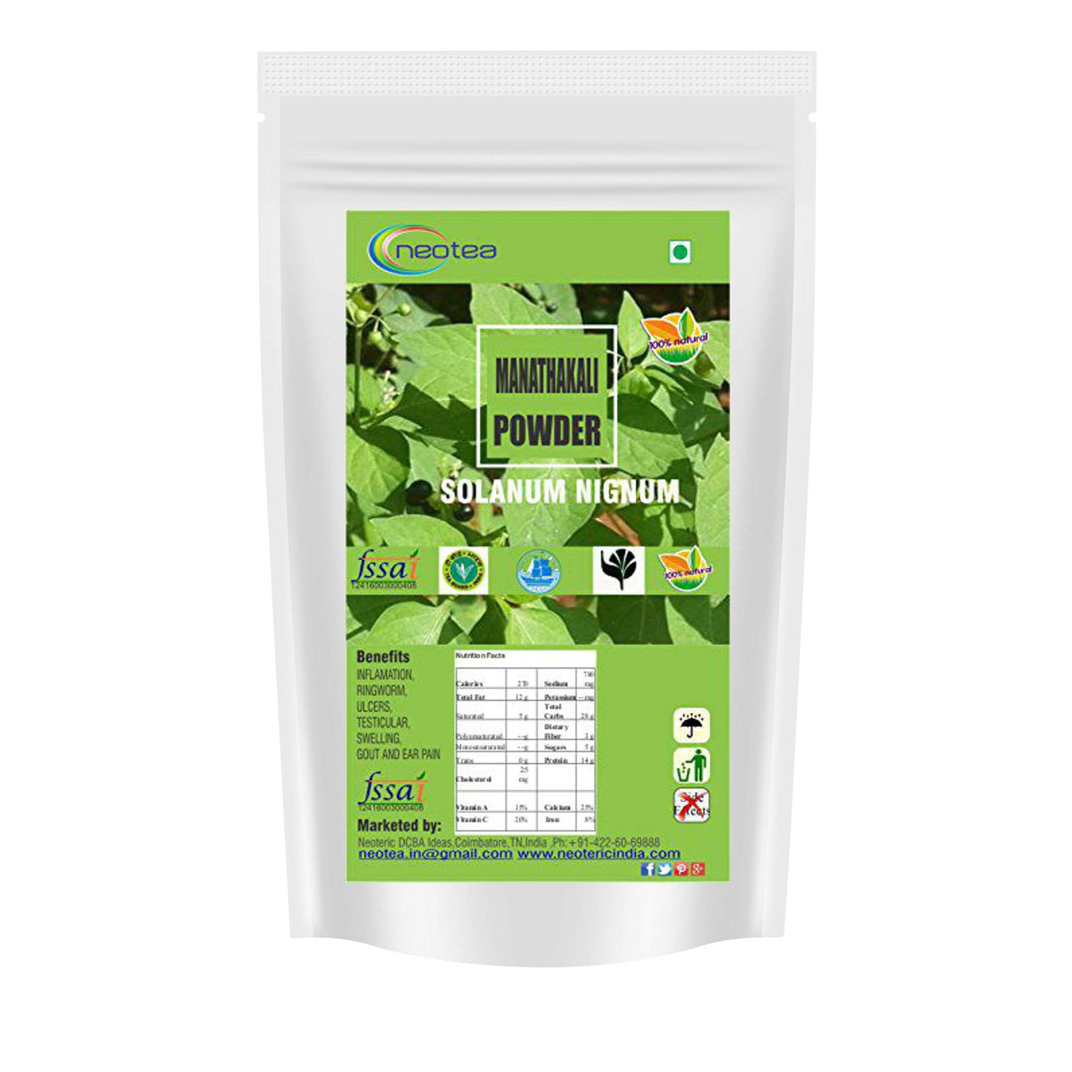 Neotea Manathakkali leaf powder bottle for daily wellness support