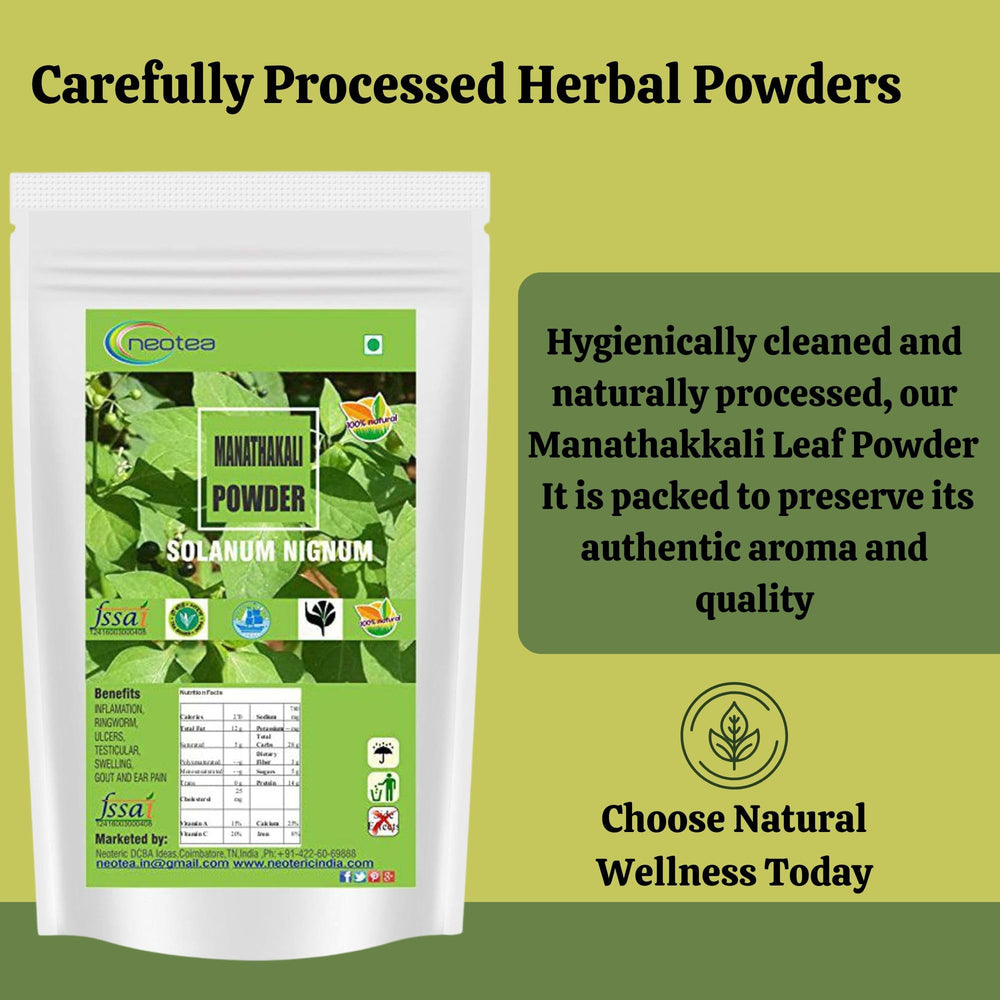 Neotea Manathakkali leaf powder daily-use setup on countertop
