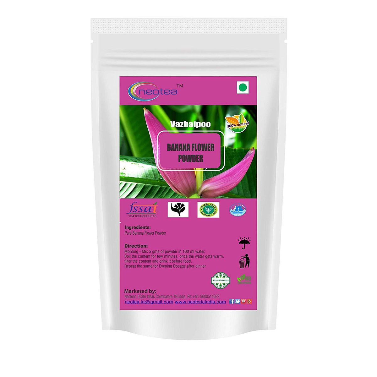 Neotea Musa Flower Powder bottle showing organic banana flower powder for fiber-rich smoothies