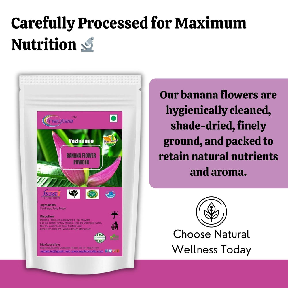 Neotea Musa Flower Powder close-up reveals micronutrient-rich fibers and color