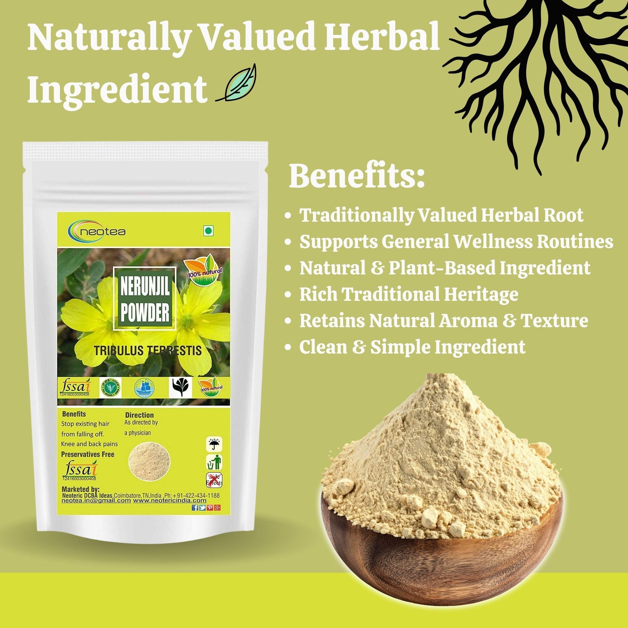 Ingredients display showing Tribulus seeds, sesame flowers, honey, and cow ghee for a natural blend.