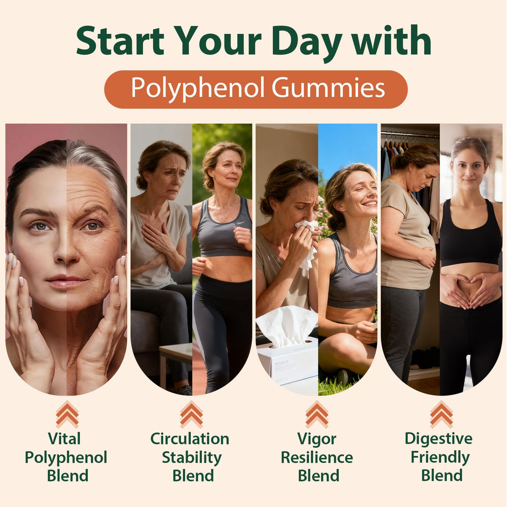 Hand reaching for two gummies to take as daily polyphenols.
