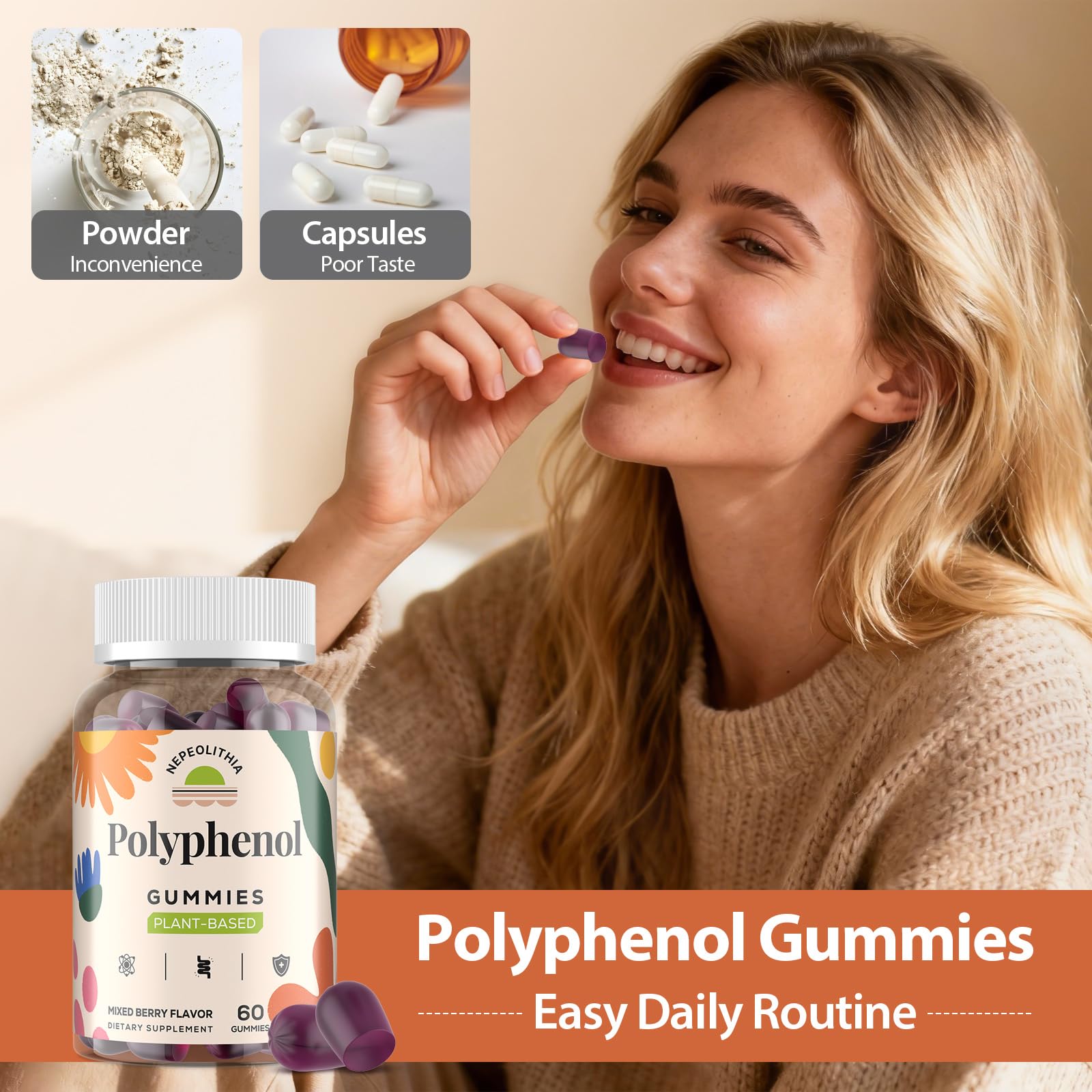 Nepeolithia Polyphenol Gummies free-from icons indicate dietary compatibility.