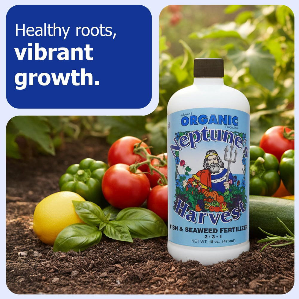 Fertilizante Neptune's Harvest con mezcla 75/25 para crecimiento equilibrado de plantas.