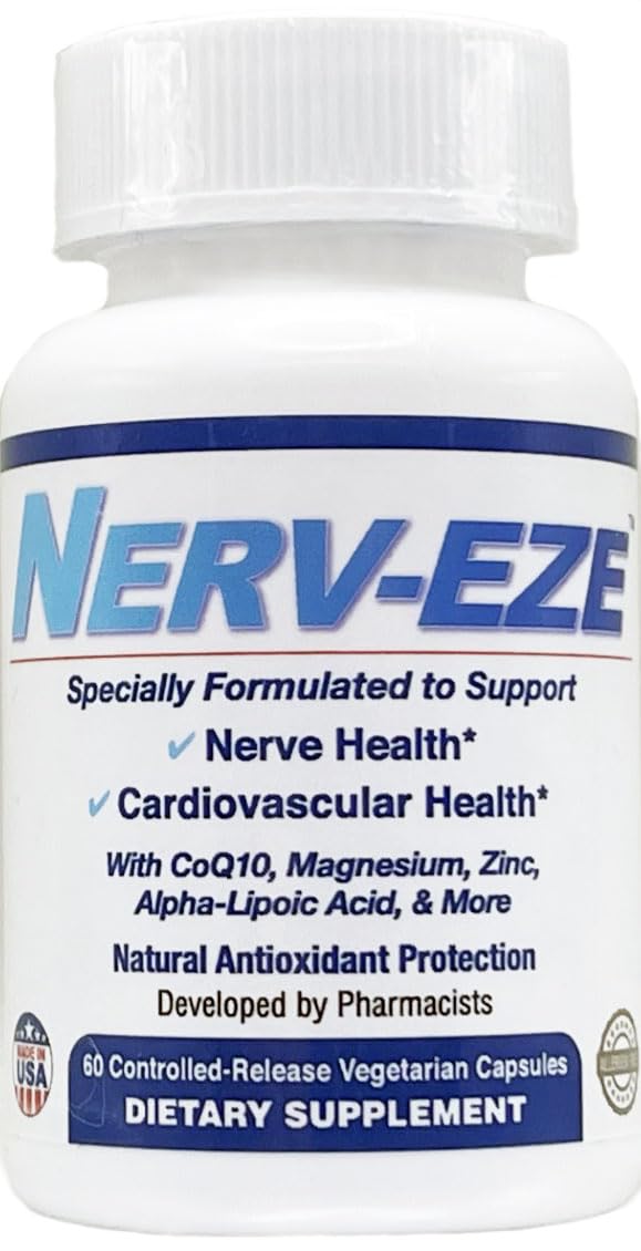 Nerv-Eze bottle showing CoQ10 and neurosupport ingredients for nerve and heart health.