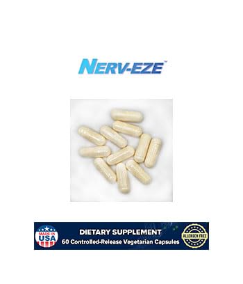 Nerv-Eze bottle on a desk with warm lighting, easy-to-integrate daily supplement.