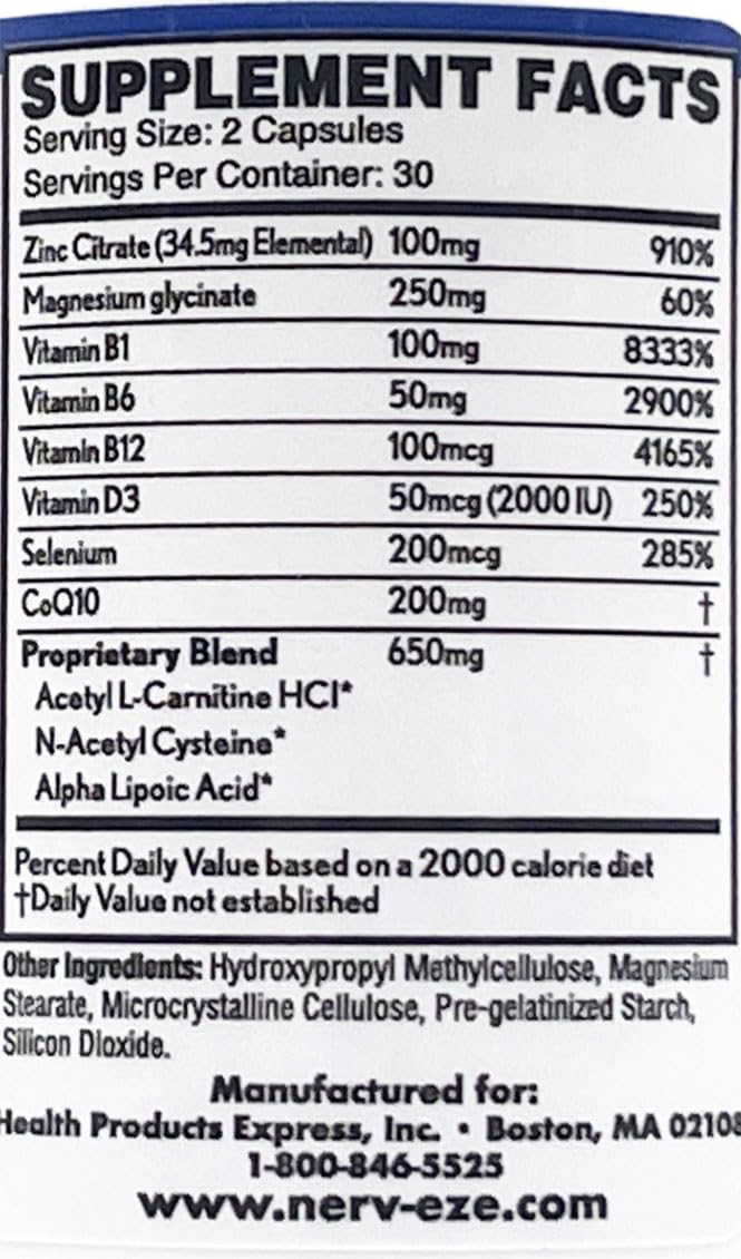 Nerv-Eze capsules closeup highlighting daily nerve support and balance.