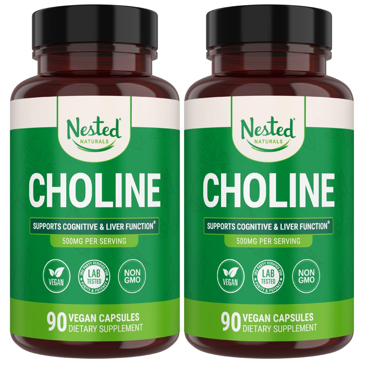 Nested Naturals Choline Bitartrate 500mg bottle on kitchen shelf supports cognitive focus.