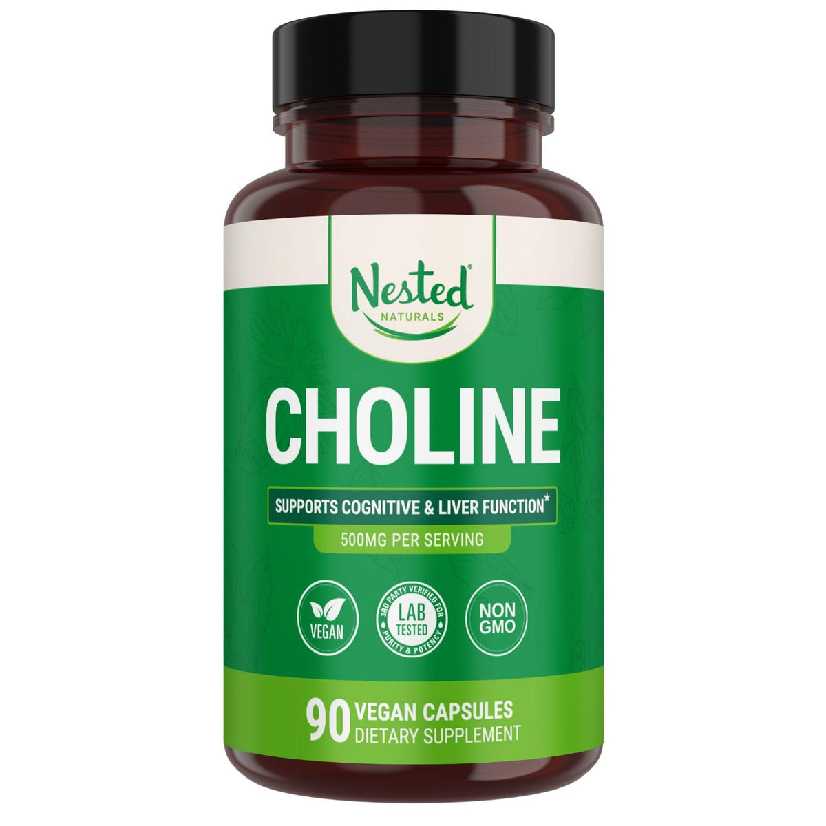 Nested Naturals Choline Bitartrate bottle with 90 vegan capsules for cognitive support