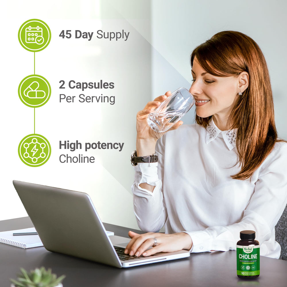 Nested Naturals Choline Bitartrate capsules arranged for daily brain health.