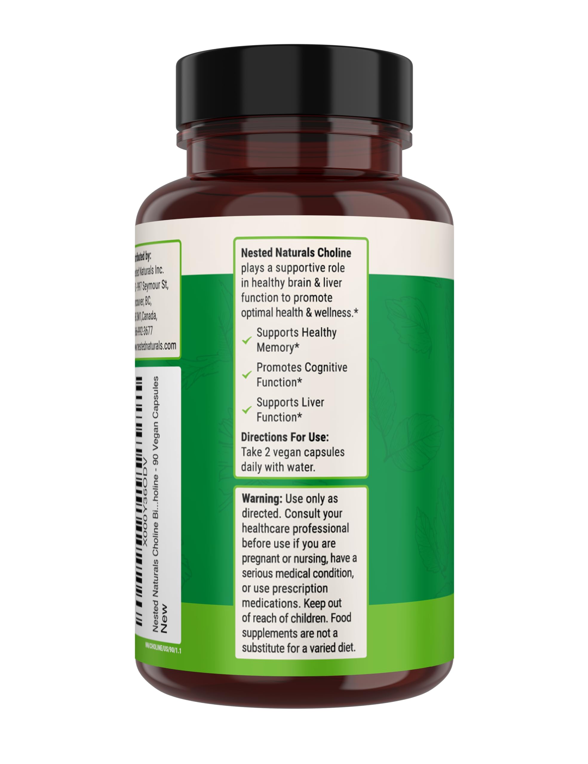 Front packaging of Nested Naturals Choline Bitartrate emphasizes clarity and trust