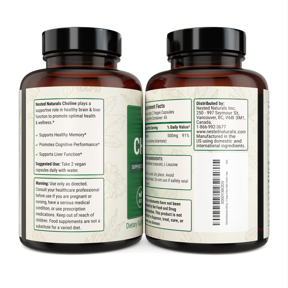 Nested Naturals Choline Bitartrate purity testing seal communicates trusted quality.