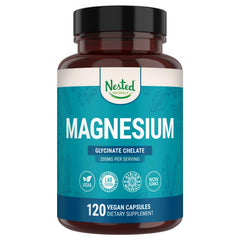Nested Naturals magnesium glycinate capsules in bottle for daily relaxation and cramps support