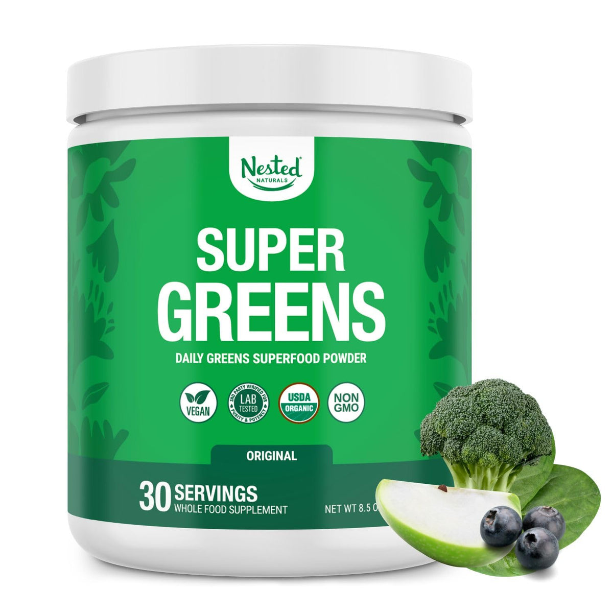 Nested Naturals Super Greens canister on a kitchen counter for daily nutrition.