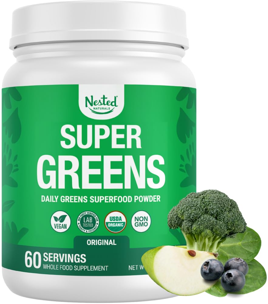 Nested Naturals Super Greens daily powder bottle on a kitchen counter demonstrates convenient daily nutrition