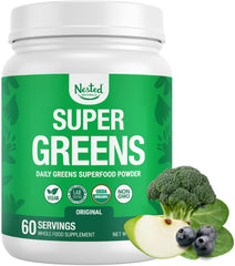 Nested Naturals Super Greens daily powder bottle on a kitchen counter demonstrates convenient daily nutrition