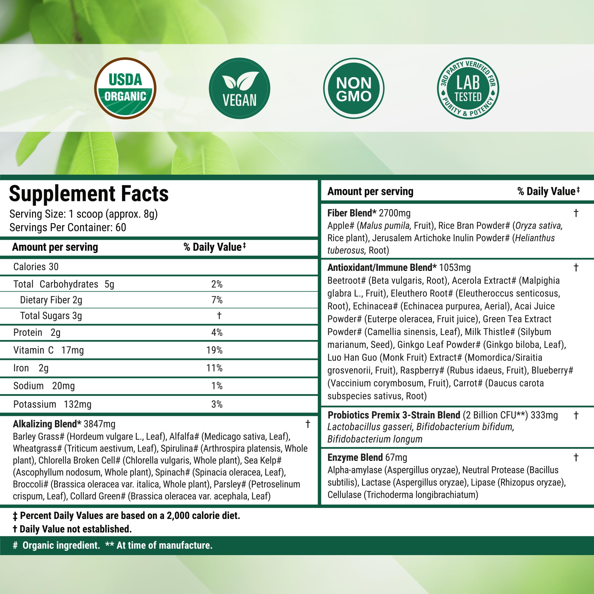 Nested Naturals Super Greens ingredients layout highlights spirulina chlorella and greens