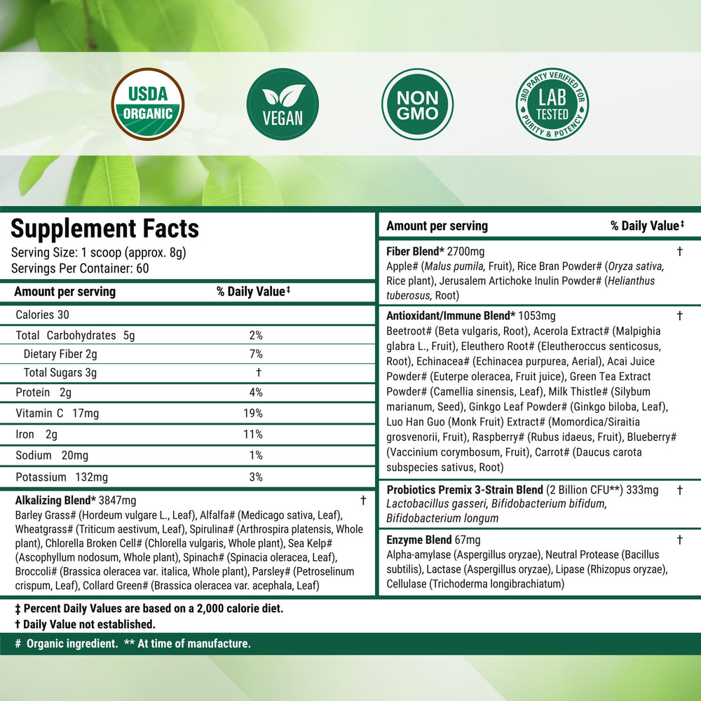 Nested Naturals Super Greens ingredients layout highlights spirulina chlorella and greens