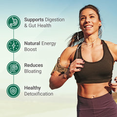 Nested Naturals Super Greens powder poured into a glass illustrates a quick healthy drink