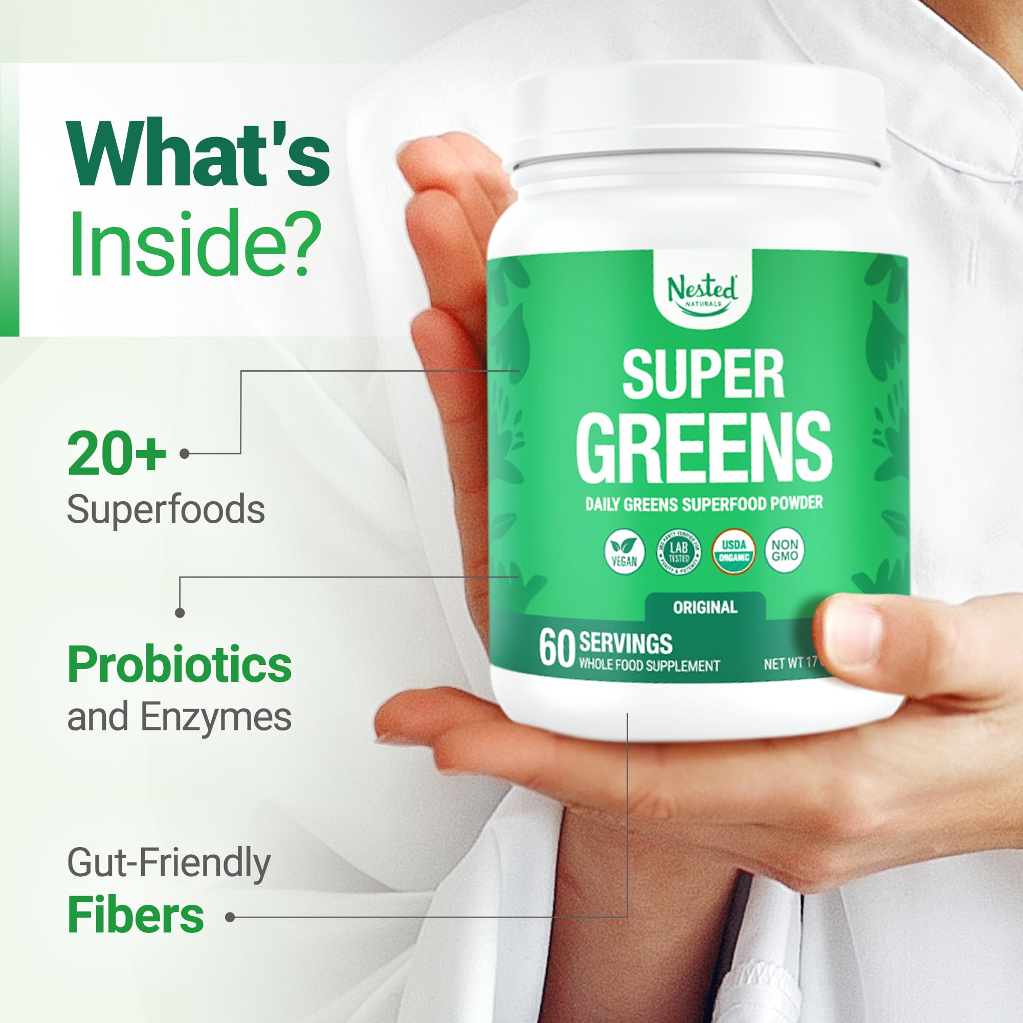 Nested Naturals Super Greens smoothie image shows vibrant green color