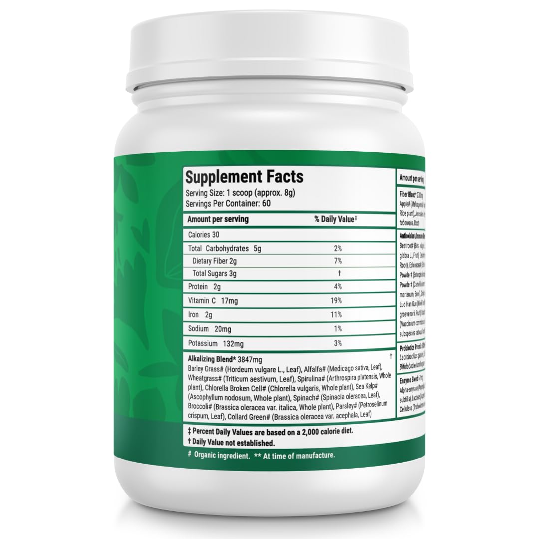 Nested Naturals Super Greens tub with serving scoop showing sixty servings