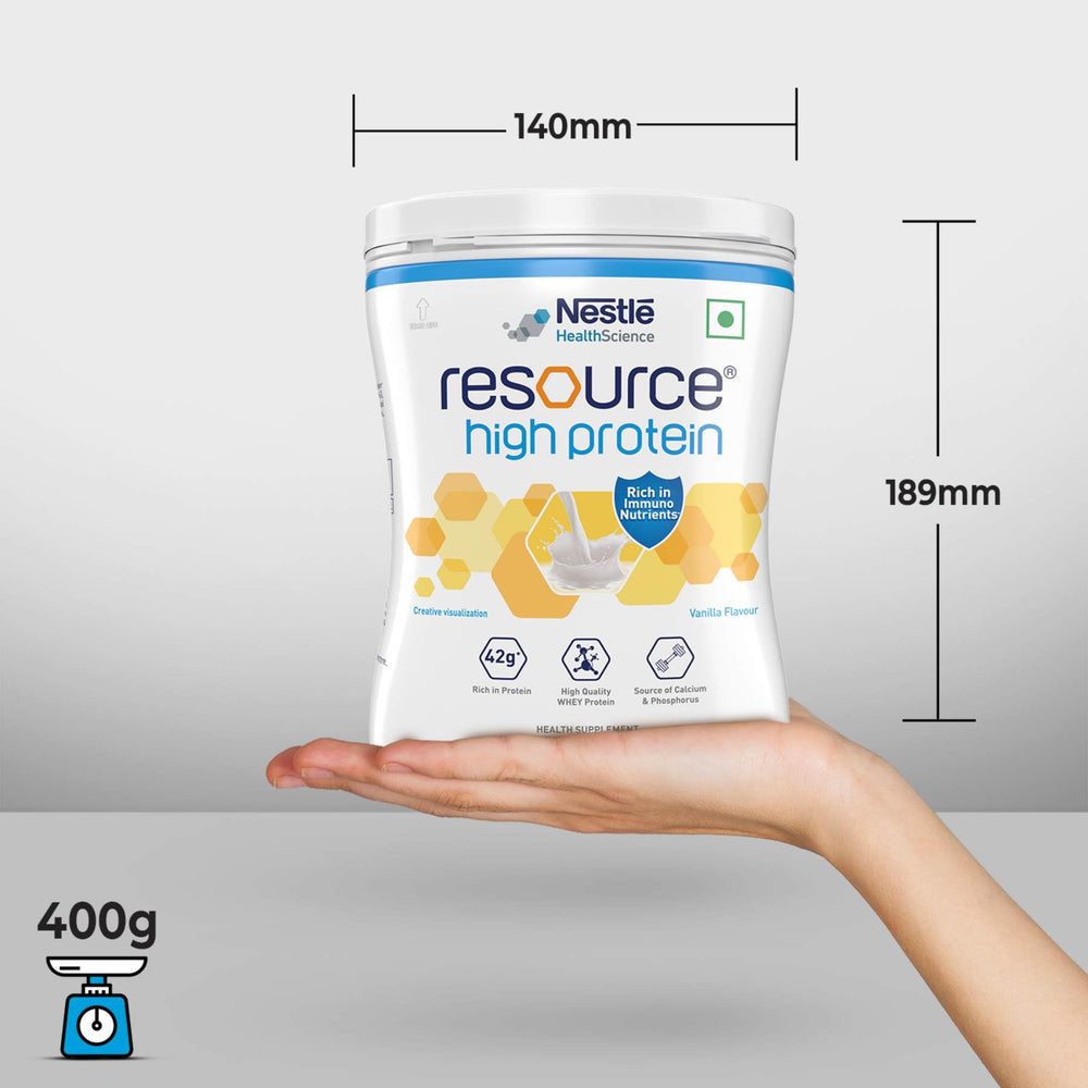 Enclosed scoop included with Nestlé RESOURCE High Protein vanilla tin