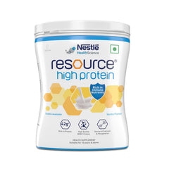 Nestlé RESOURCE High Protein vanilla tin front view highlighting 400g packaging