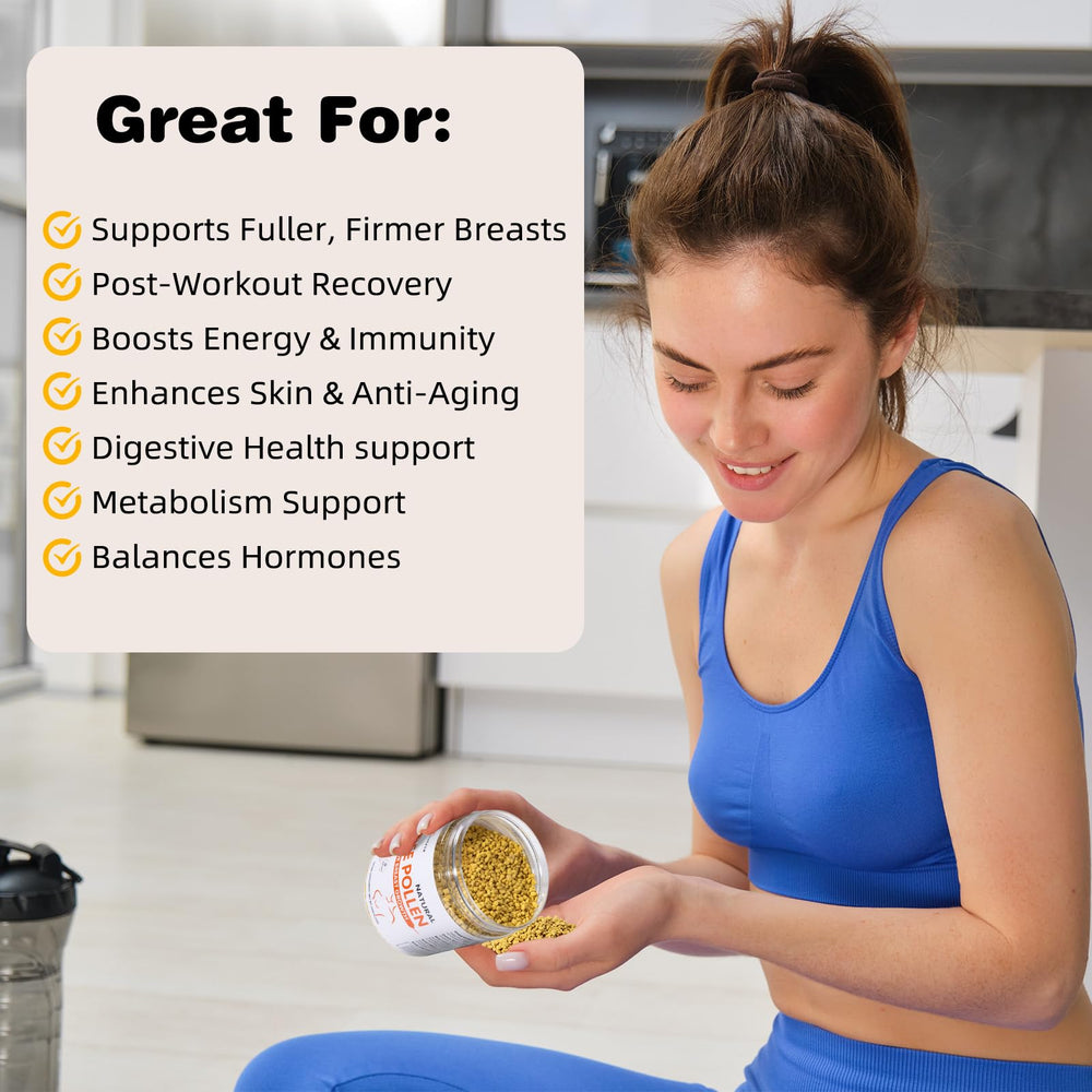 Netrca Bee Pollen pouring into a smoothie highlighting convenient daily energy benefits