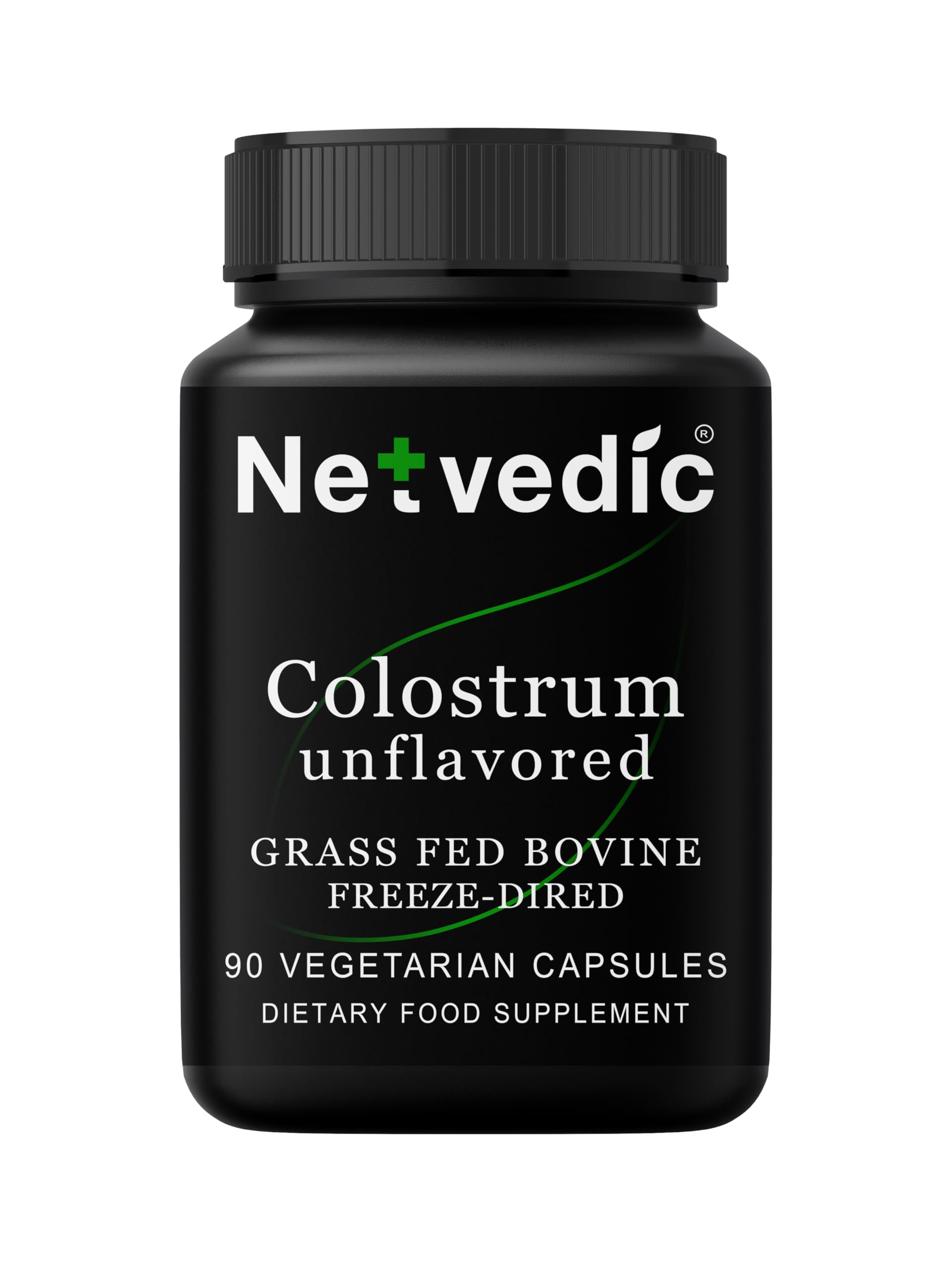 Netvedic Colostrum Extract Capsules bottle with 90 vegetarian capsules for daily gut health.