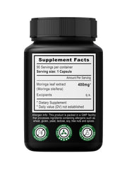 Netvedic Moringa capsules close-up highlighting 400mg extract for vitality and metabolism.