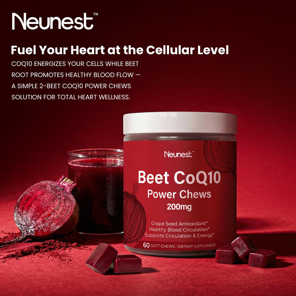NEUNEST Beet Root CoQ10 Chews bottle angle showcases convenient, delicious heart health support