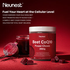 NEUNEST Beet Root CoQ10 Chews bottle angle showcases convenient, delicious heart health support