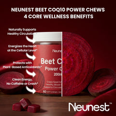 NEUNEST Beet Root CoQ10 Chews closeup ingredients highlights beetroot and CoQ10 benefits