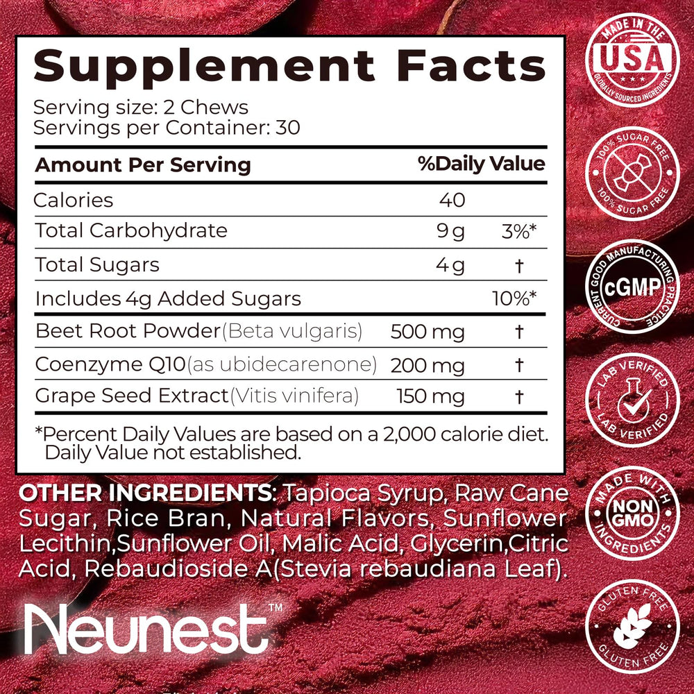 NEUNEST Beet Root CoQ10 Chews label detail emphasizes grape seed extract addition