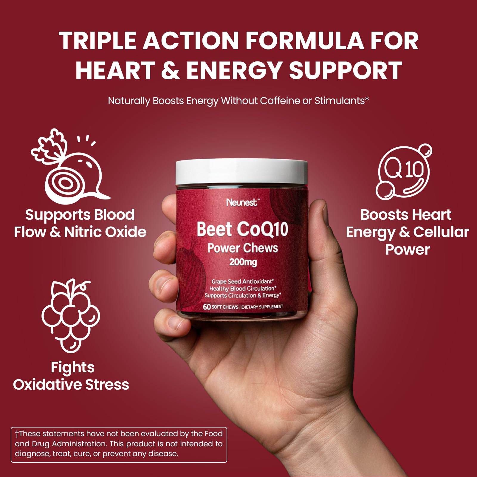 NEUNEST Beet Root CoQ10 Chews nitrate graphic illustrates natural nitric oxide support